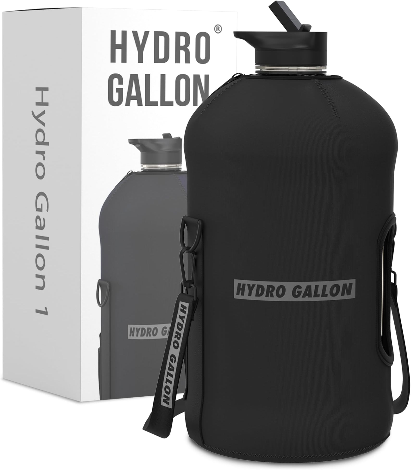 1 Gallon Water Bottle Jug with Insulated Sleeve and Straw Lid, Handle, Time Marker, Pocket, Shoulder Strap. Daily Intake Leakproof BPA free Large Big Bottle Men. 128oz (Black)