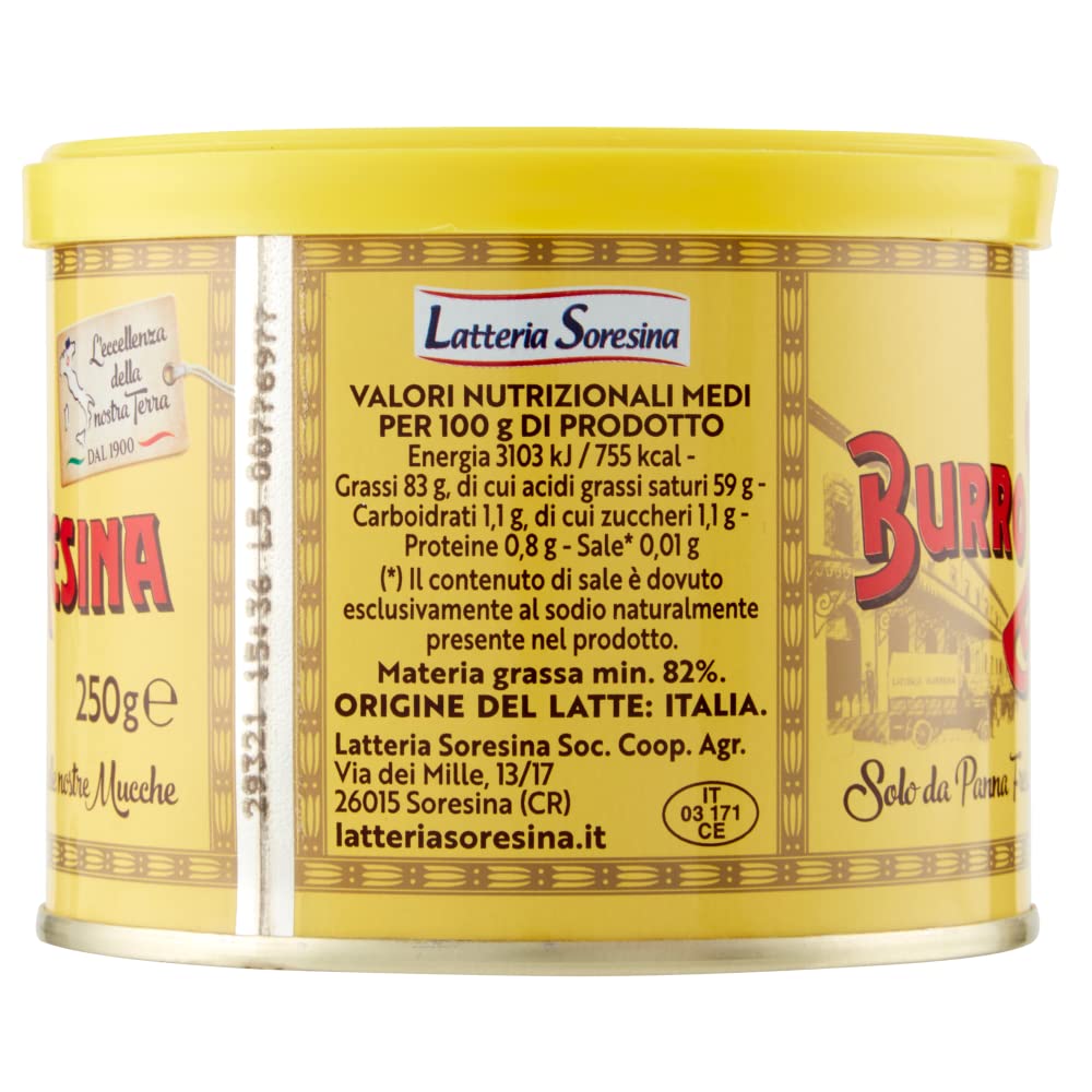 Latteria Soresina Burro - Mantequilla fabricada solo con crema de leche fresca, lata de excelencia italiana con 250 g
