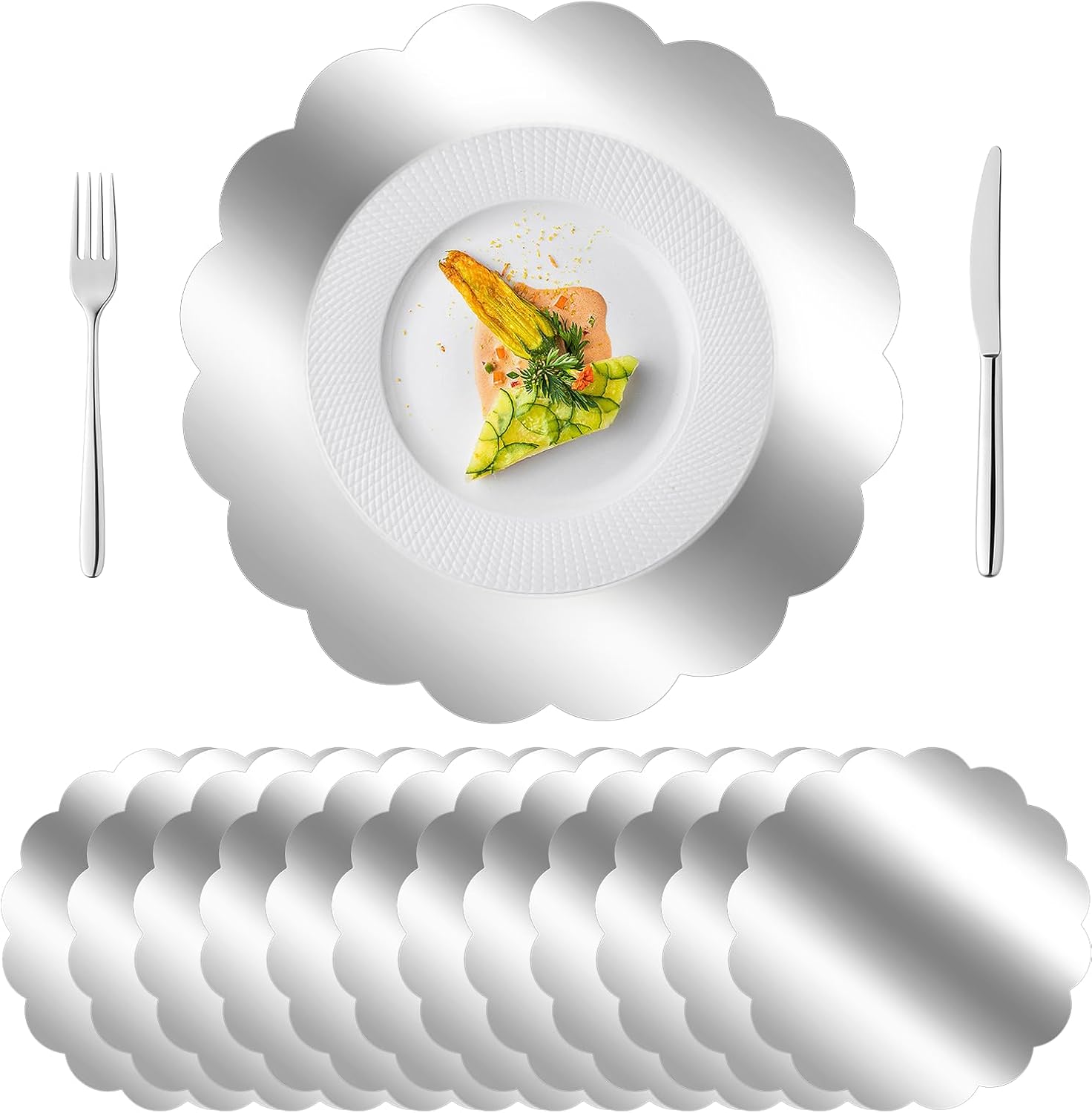 100 PCS Scalloped Sliver Placemats, 13.5" Disposable Paper Placemats for Dining Table, Mirrored Sliver Chargers Place Mats for Birthday Banquet, Disposable Place Mats for Party Holiday Wedding Silver-100pcs 100