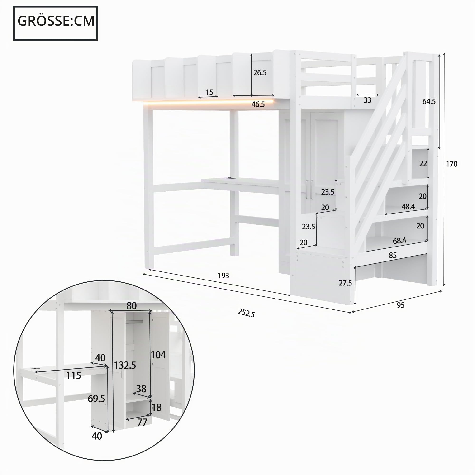 Multifunktionales Hochbett 90x200 cm mit LED-Beleuchtung und USB-Anschlüsse, Kinderbett mit Treppe Stauraum und Schreibtisch, Holzbett mit Kleiderschrank, Weiß-A(Ohne Matratze)