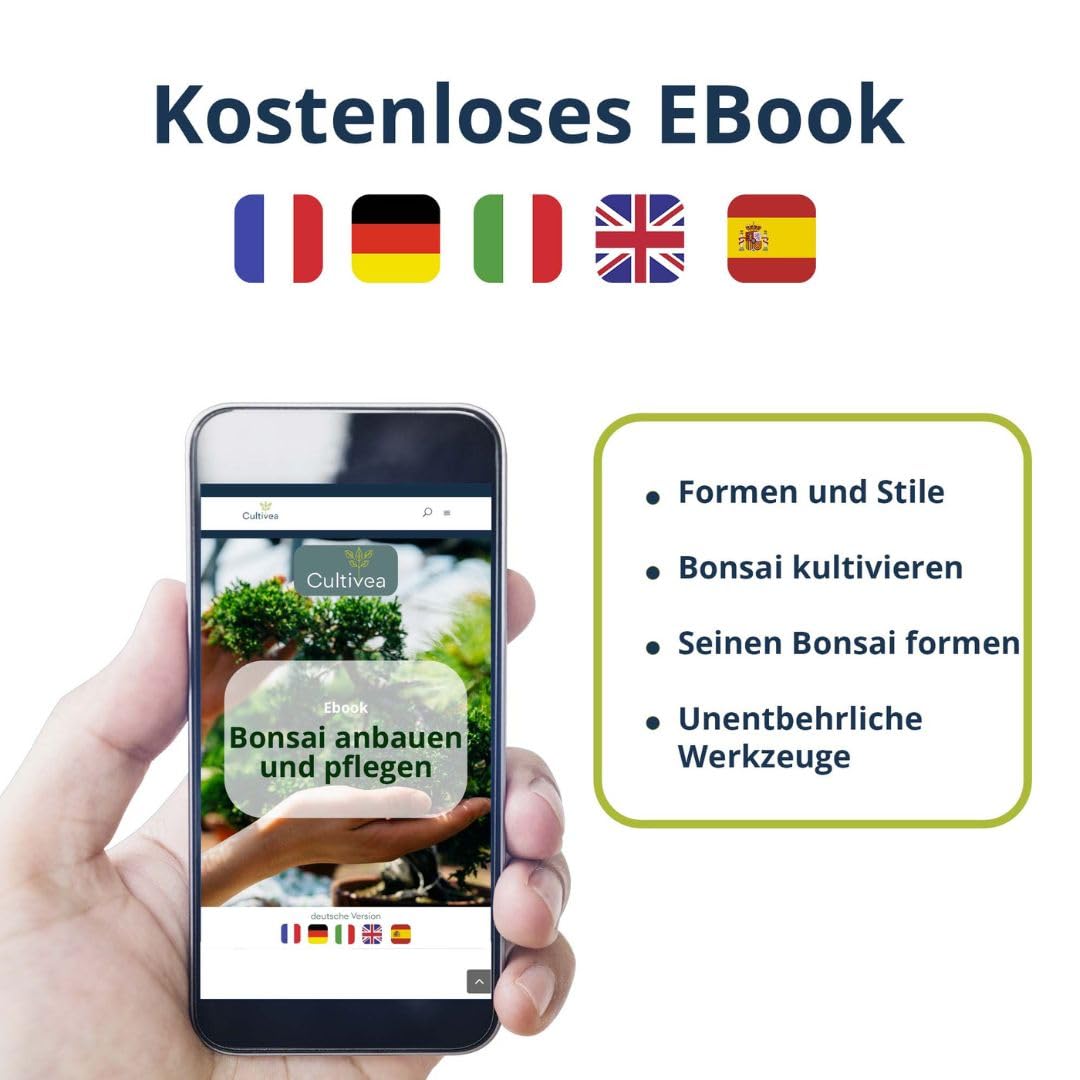 CULTIVEA Bonsai-Set Premium Pflanzfertig - Gärtnern und Dekorieren - Natürliche Bonsai- und Pflanzenpflege - Draht, Dünger, Werkzeuge, Rundschere, Kleine Bonsaischere - Originelle Geschenkidee