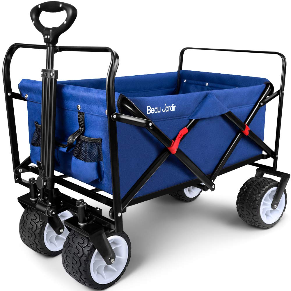 BEAU JARDINCollapsible Folding Wagon 300 Pound Capacity Heavy Duty Blue Utility Wagon Cart for Garden Sports Shopping Outdoor All Terrain Wheel Portable