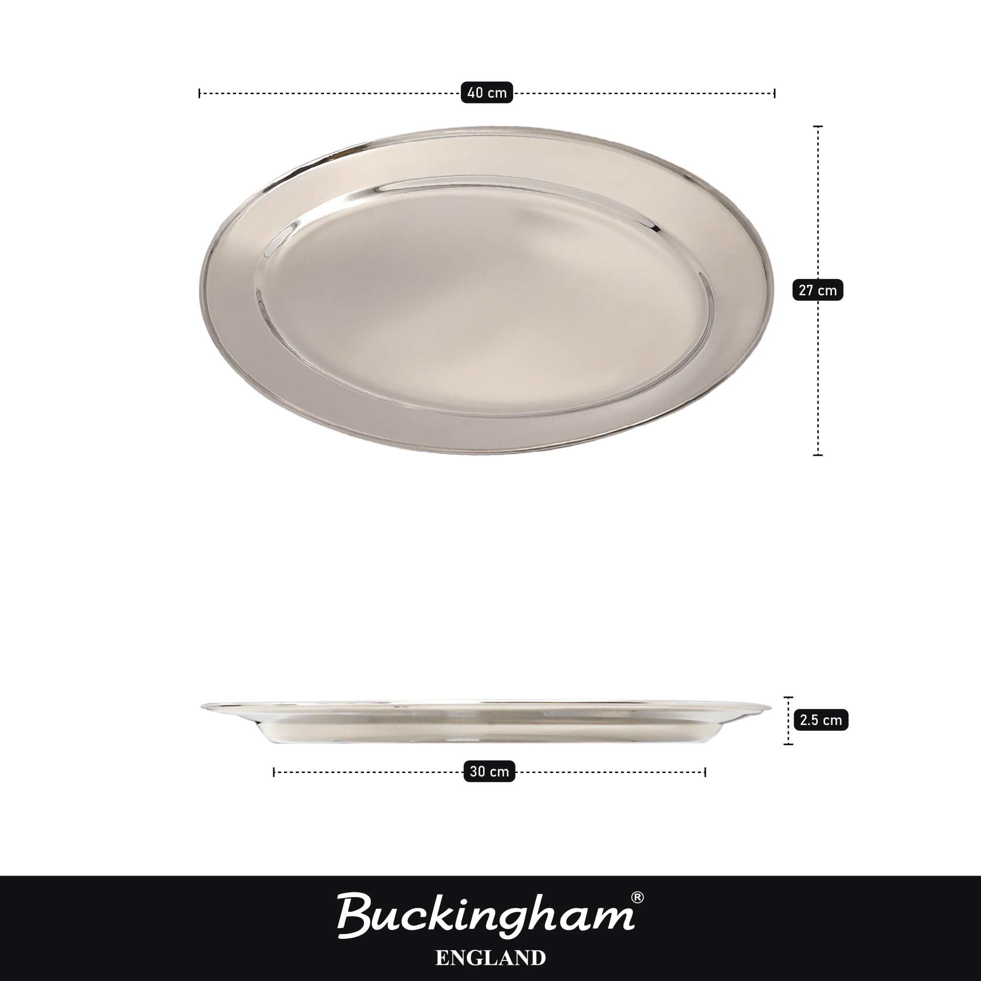 Buckingham Mirror Polish Oval Serving Tray Heavy Gauge Plate Stainless Steel Durable Meat Platter for Restaurant Catering Parties Buffet BBQs and Everyday Large Dining (40 Cm) - Image 2