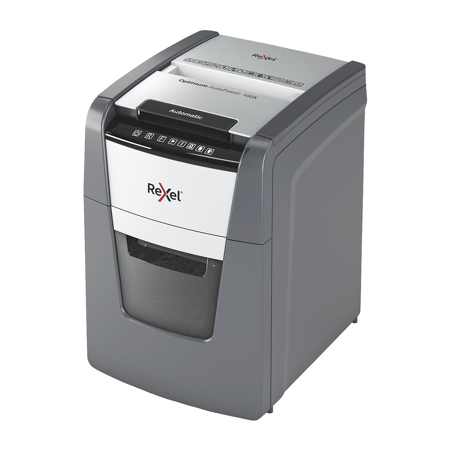 Rexel Optimum AutoFeed+ 100X automatyczna niszczarka dokumentów CH, 100 arkuszy, poziom bezpieczeństwa P4, cięcie cząstek, do domu/biura domowego, pojemnik na odpady 34 l, ze szwajcarską wtyczką sieciową, 2020100XCH