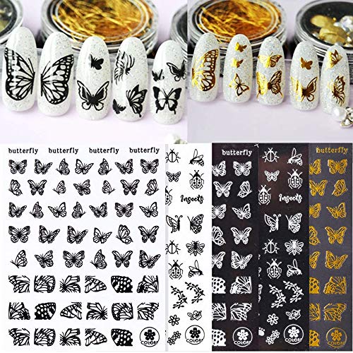 4 Colors Butterfly Nail Art Adhesive Sticker Decals 3D Hologram Butterfly Different Laser Gold Silver Black White Butterfly Shapes Design Nail Supplies for Acrylic DIY Decoration Accessories