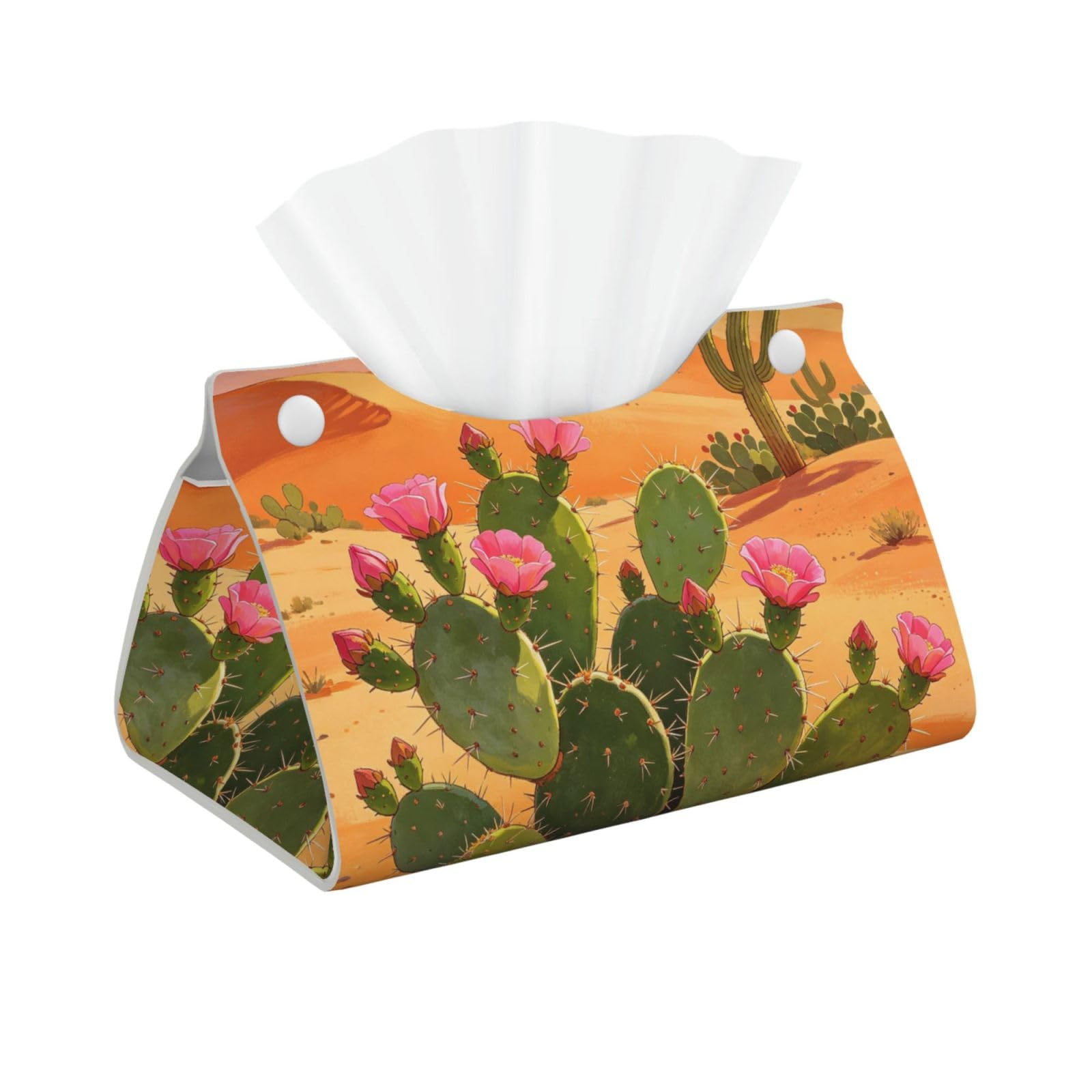 Green Cactus Art Long Leather Tissue Box Cover-Waterproof PU Leather Tissue Holder for Bathroom, Decorative Rectangular Tissue Case