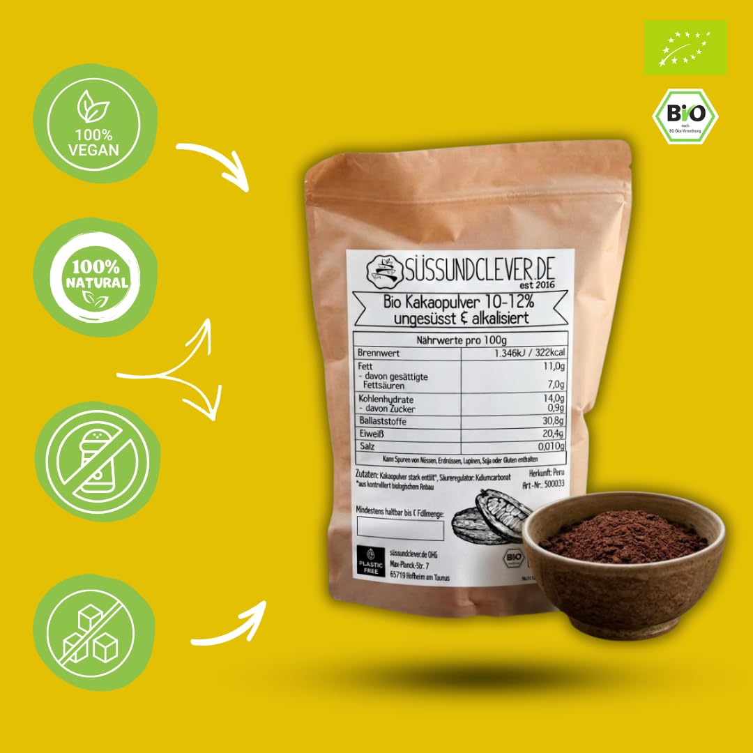 süssundclever.de® Bio Kakao Pulver | 1 kg | reines Kakaopulver, ungesüsst | stark entölt | hochwertiges Naturprodukt | plastikfrei und ökologisch-nachhaltig abgepackt
