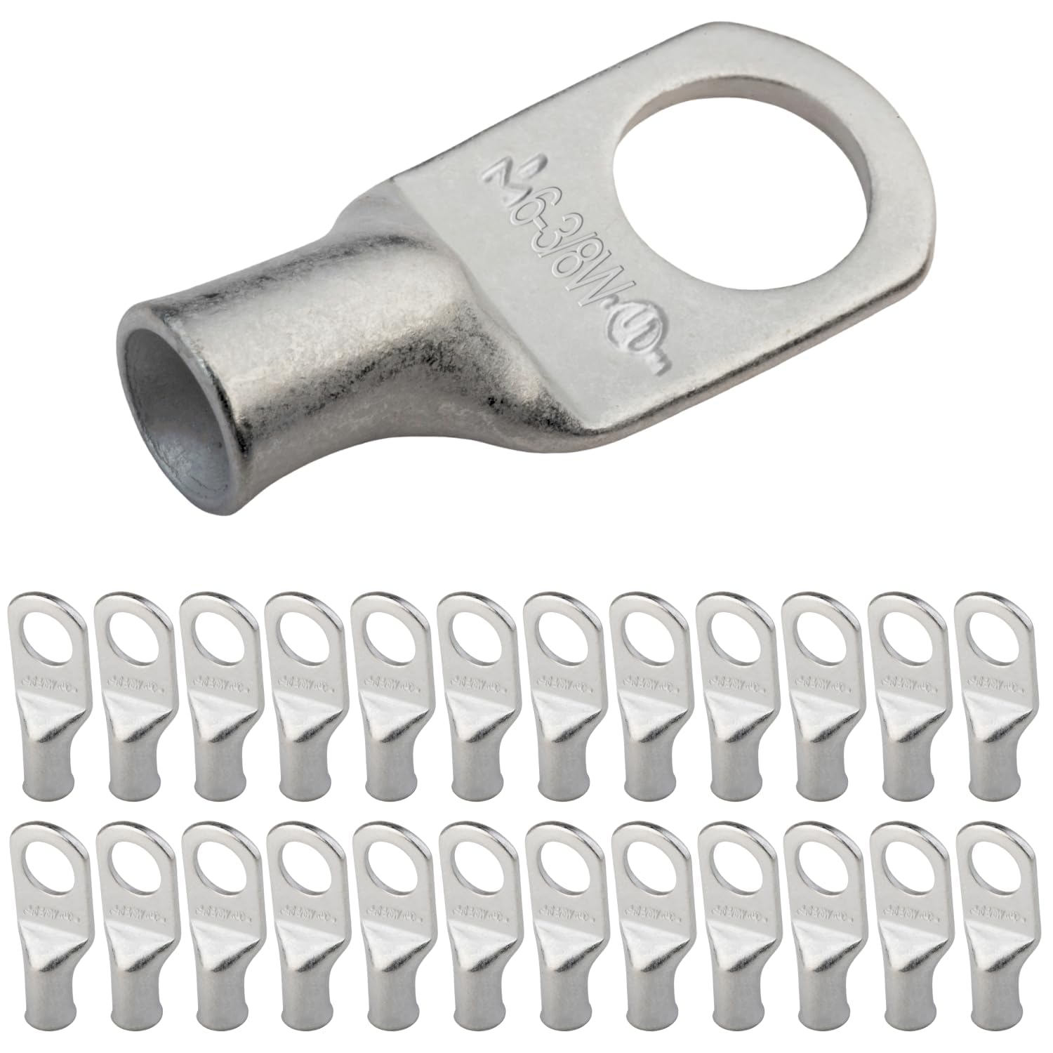 SELTERM 6 AWG (16 mm²) - 3/8" (M10) ⌀ Hole UL Marine Grade Wire Lugs, Battery Cable Ends, Tinned Copper Eyelets, Tubular Ring Terminal Connectors [B26] - 25 Pack — image 1