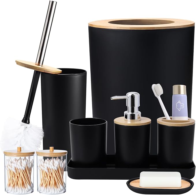 SLDIYWOW Bathroom Accessory Set Black Bathroom Set, 9 Piece Black Bathroom Accessories Bathroom Sets with Bathroom Trash Can Bathroom Accessories Bathroom Decor