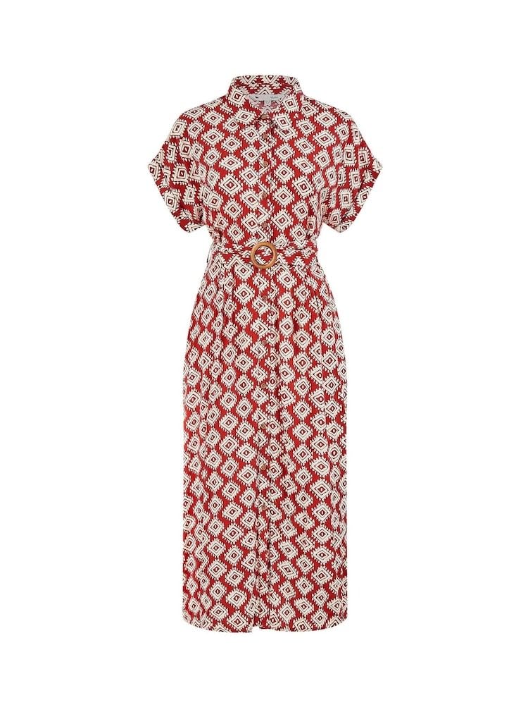 Yumi Women's Red Viscose Midi Shirt Dress With Matching Belt | Size: 18
