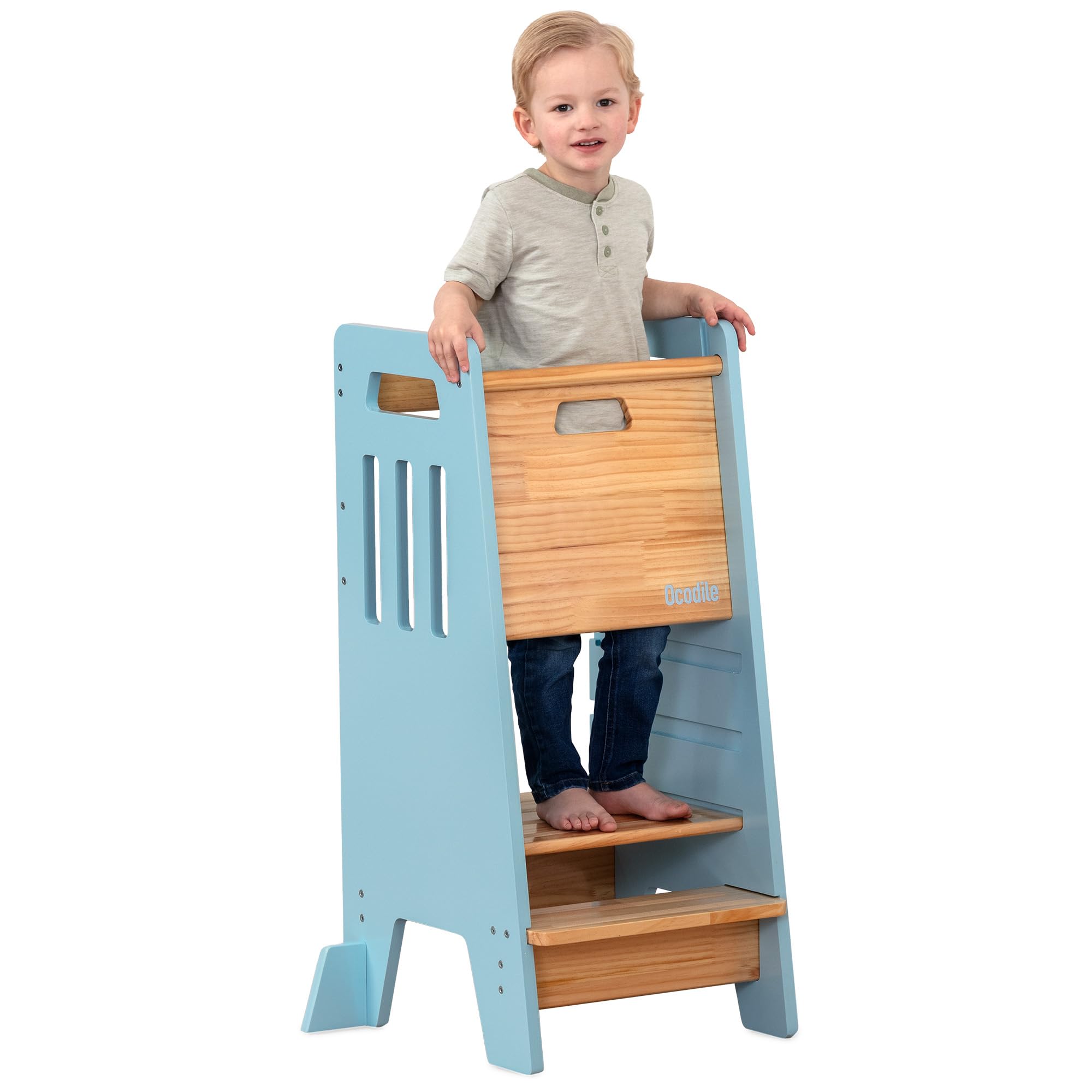 OCODILE Toddler Tower with a Sliding Door and 3 Adjustable Heights - Complete Toddler Kitchen Stool Helper with Support Feet - Safe Design for 18+ Months to 6-Year-Old Kids - Blue