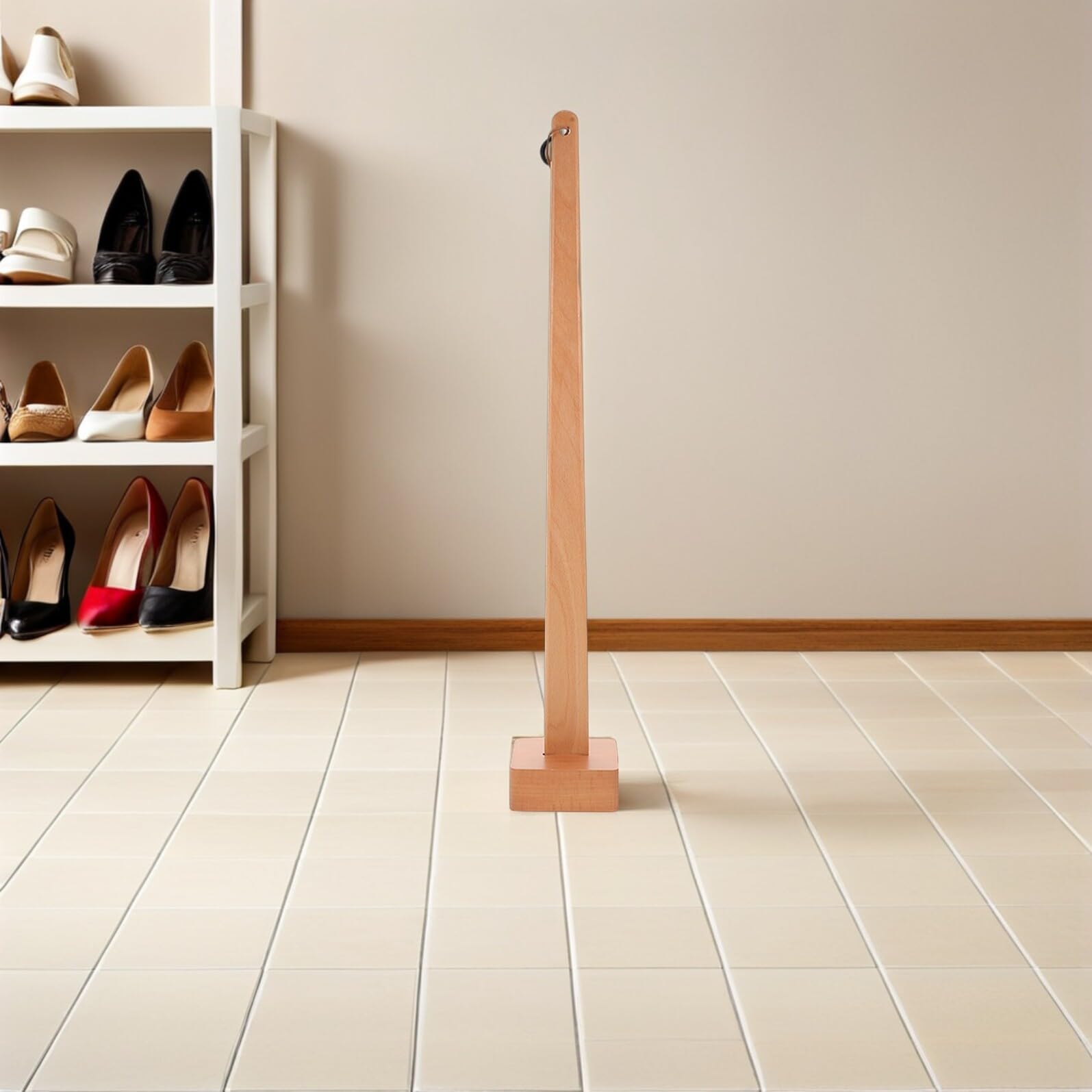 TEHAUX Calzascarpe e Base Stabile con Manico 55 Cm in Legno Strumento per Indossare Scarpe Facile da Usare Accessorio per Anziani, Donne Incinte