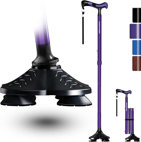 KingPavonini Bastón de caminar para hombres y mujeres, estabilidad, bastón plegable de pie, mango ergonómico, base cuádruple pivotante, resistente,