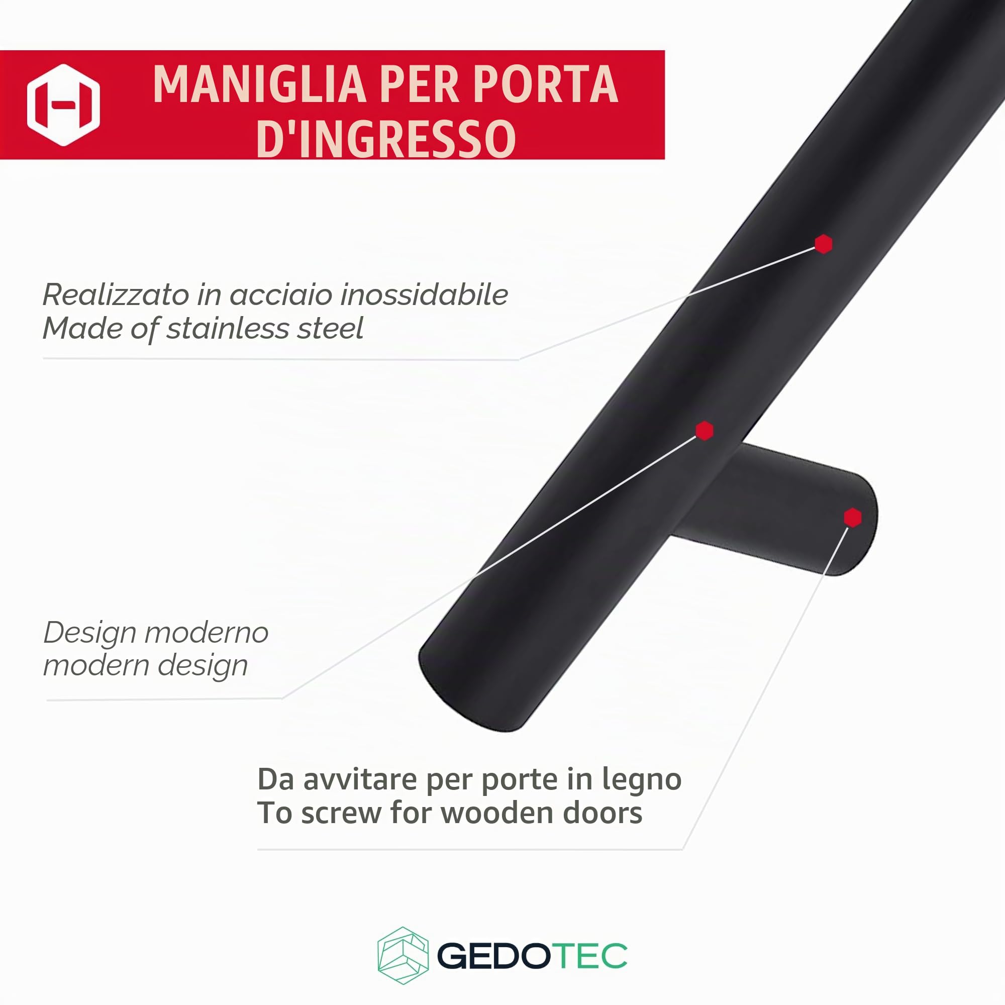Gedotec Maniglione in acciaio inox maniglia per porta antica ferramenta per porta anteriore nero opaco | Lunghezza 350 mm | Interasse fori 210 mm | Maniglia bar tonda | 1 Pezzo