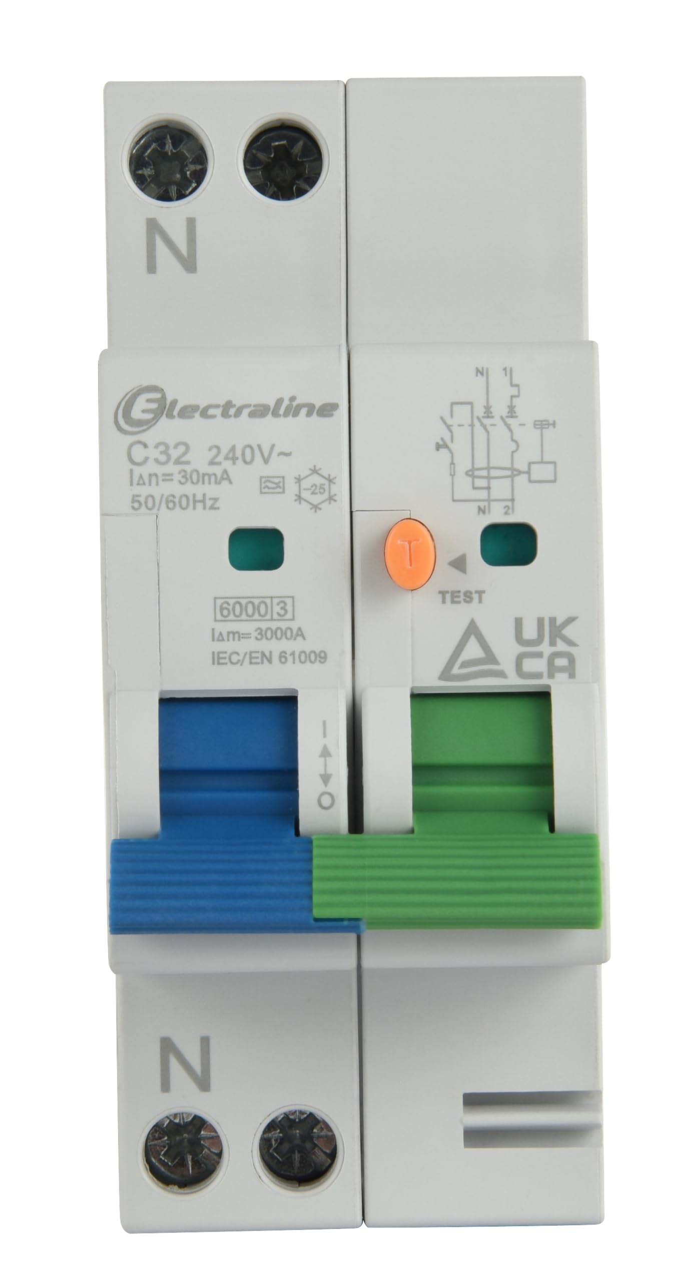 Electraline 87015 Disjoncteur différentiel (RCBO), 32A, type A, courbe C, sensibilité 30mA, connexion 1P+N