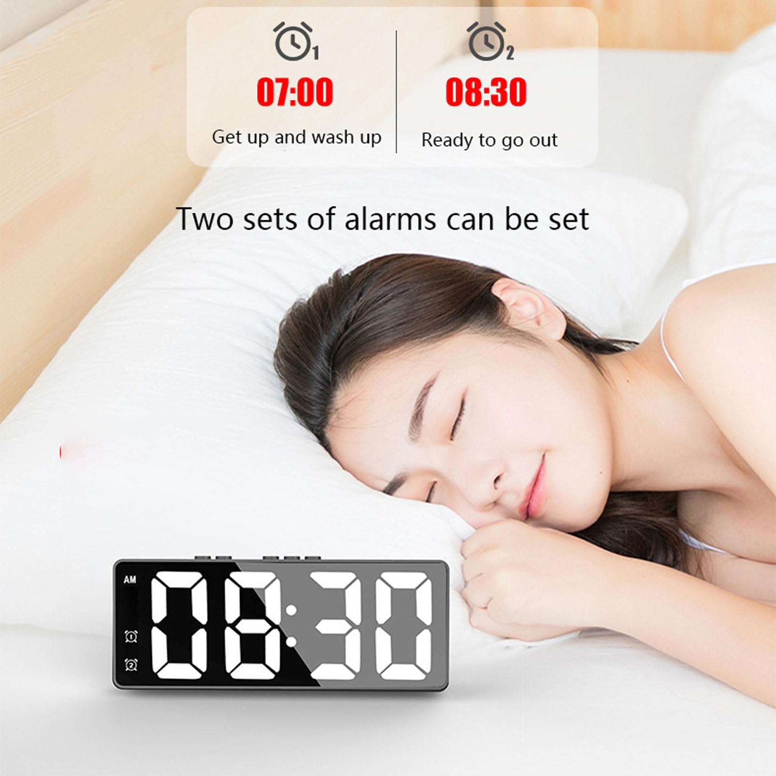 Despertador, control por voz, funciona con pilas y carga USB con función de repetición, tiempo de temperatura y reloj de campana de dos dígitos en la mesita de noche, para dormitorio, oficina