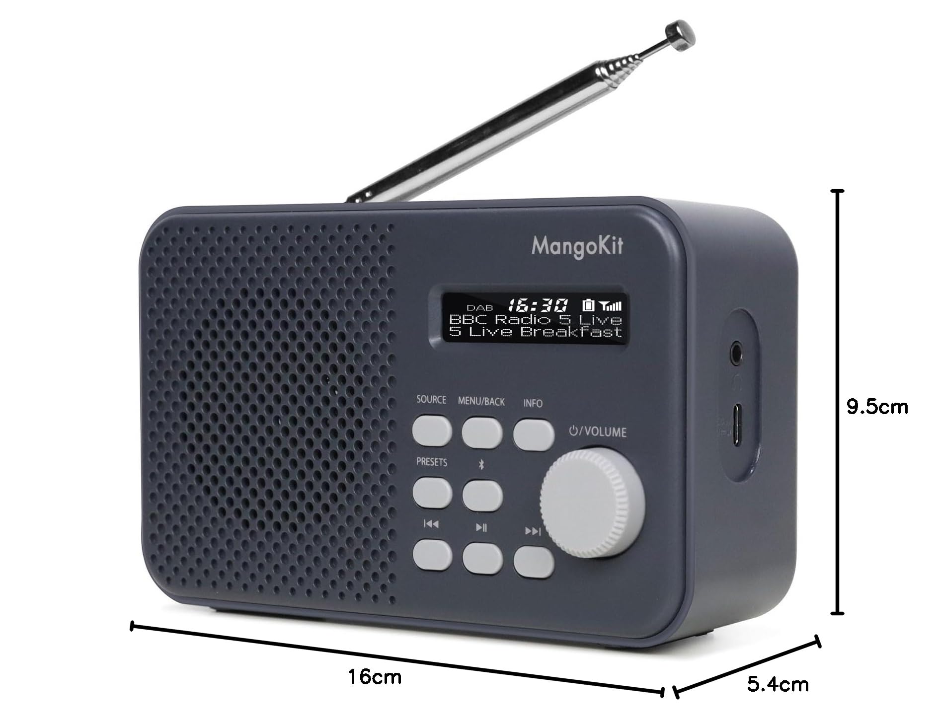 MD2 Radio Dab con Altavoz Bluetooth,Digital Portátil Dab+,FM de con Alimentación por Red y Batería,Pantalla,40Estaciones Presintonizadas,Alarmas,Temporizador Snooze,Auriculares-Gris Oscuro
