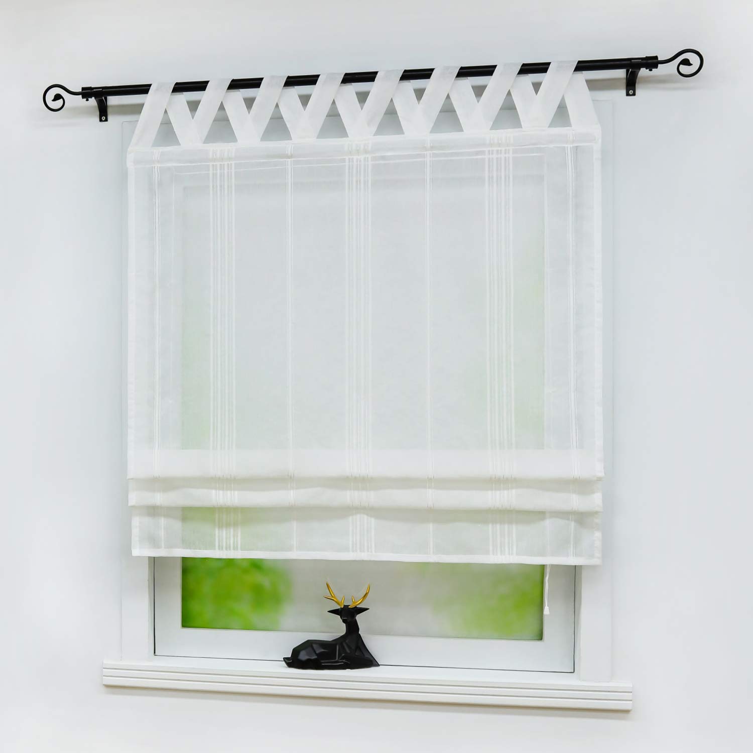 Joyswahl Amy Store Romain Triangle Semi-Transparent à Passants En V Frange à Pompon Fenêtre Décorative Pour Chambre Cuisine Et Salon Installation Facile 1 Pièce Blanc LxH 100x140cm