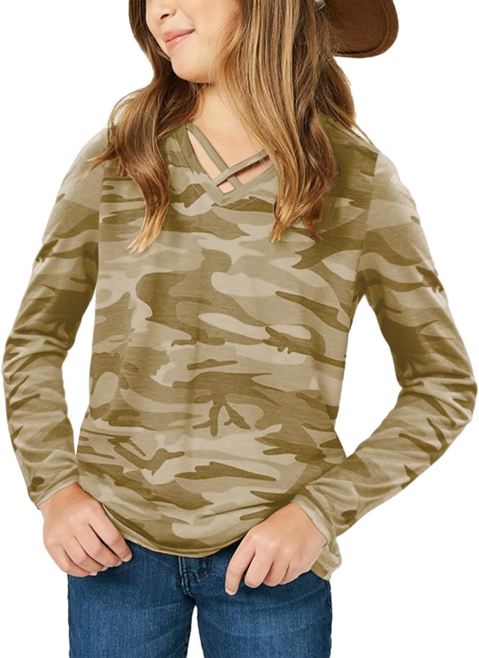 simtuor Girls Camouflage Long Sleeve Shirts V Neck Criss Cross Tops Kids Casual Loose Soft Blouse T-Shirt 4-15 Years