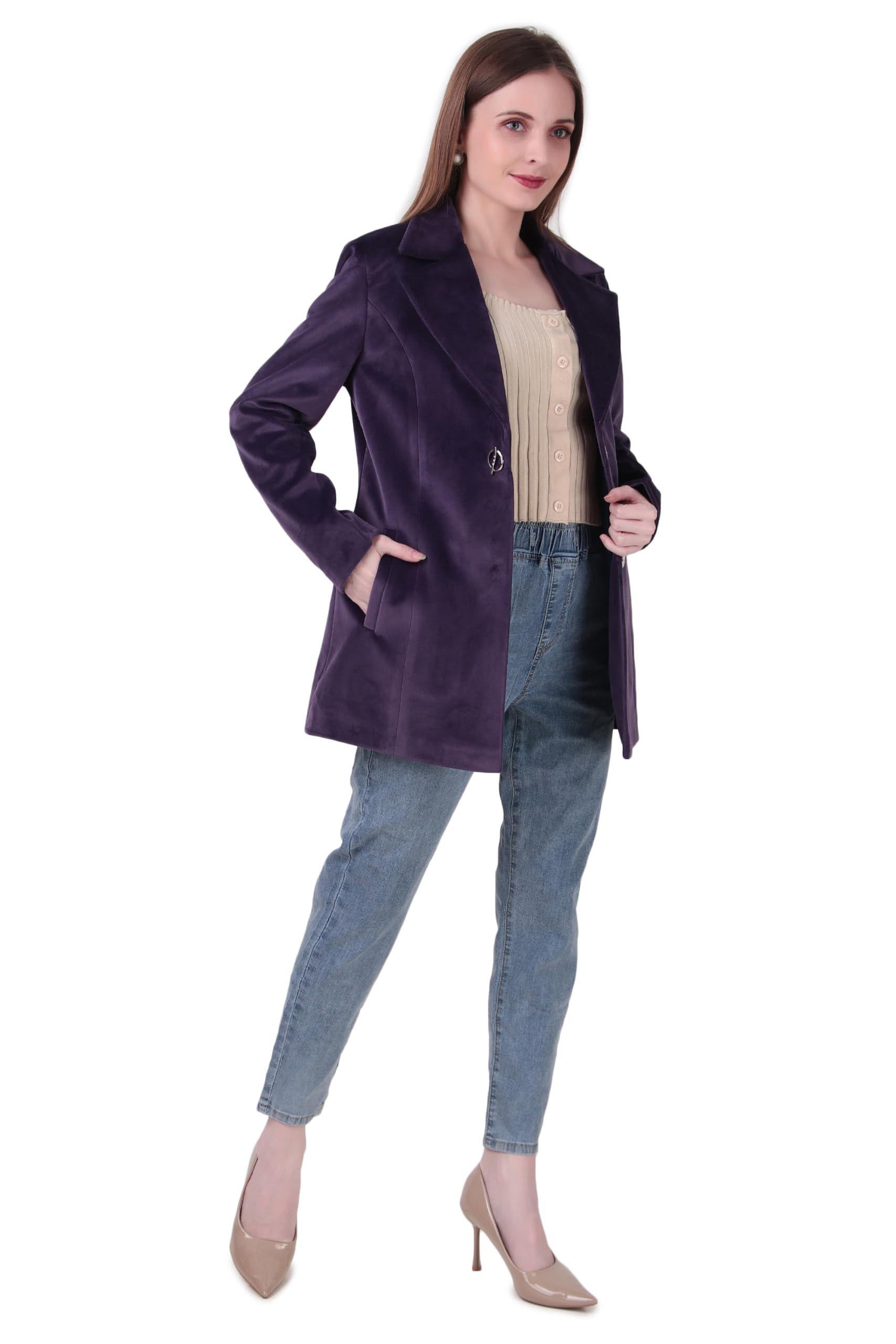 Women's Dark Purple Velvet Mid-Length Coat | Lapel Collar Single-Button Closure Jacket with Front Pockets | Elegant Winter Outerwear | Pack of 1-image-23