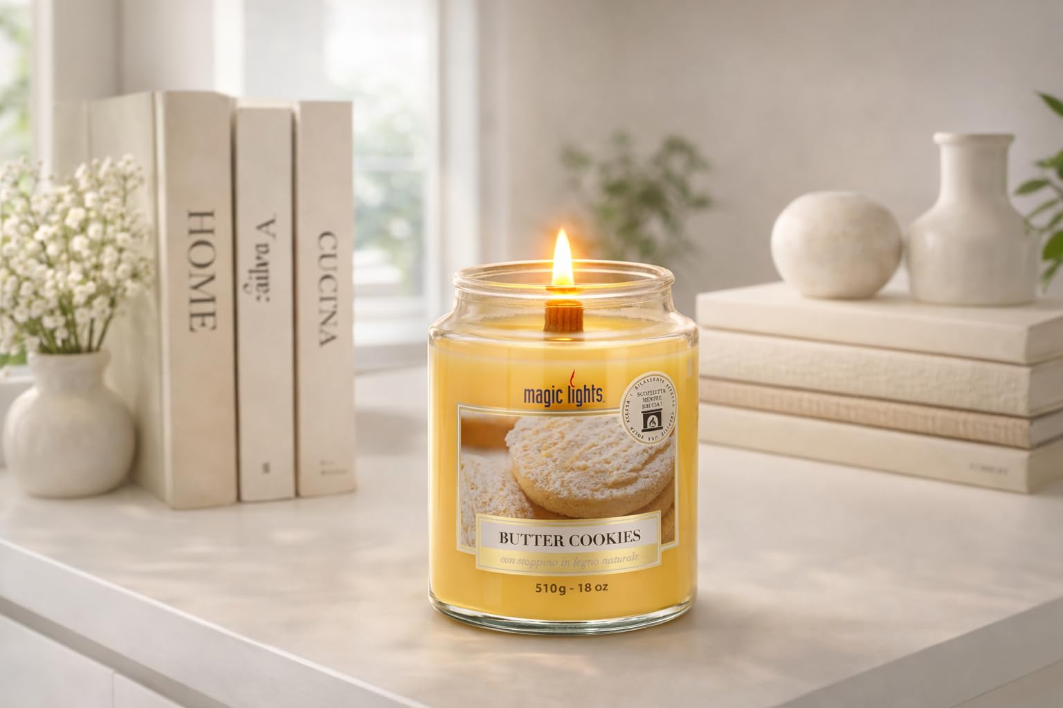 Świeca do słoika 510 gr waniliowy Butter Cockies z naturalnym drewnem, Made in Italy