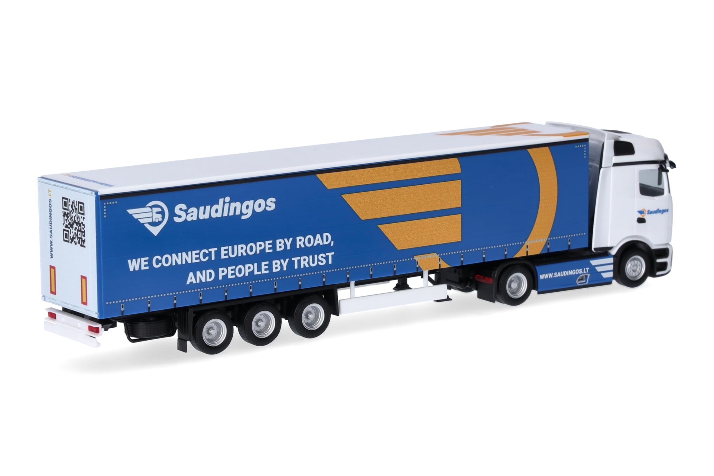 Herpa model ciężarówki Mercedes-Benz Actros L ProCabin Bigspace zestaw z naczepą kurtynową „Saudingo” (Litwa/Szawle), miniatura w skali 1:87, model kolekcjonerski, Made in Germany, tworzywo sztuczne