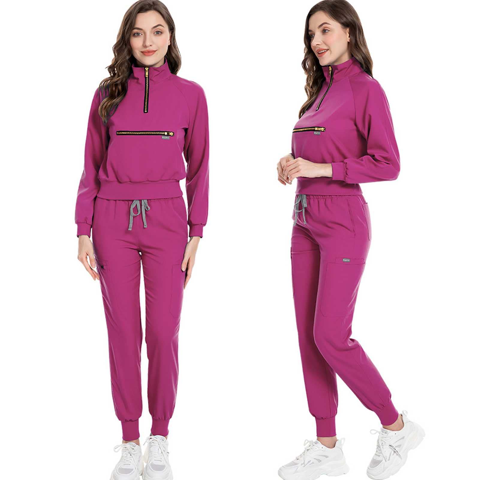 Damen Medizinische Uniform Set mit Lange Ärmel Kasack und Hose, Medical Schrubb-Set, Pflege Berufsbekleidung