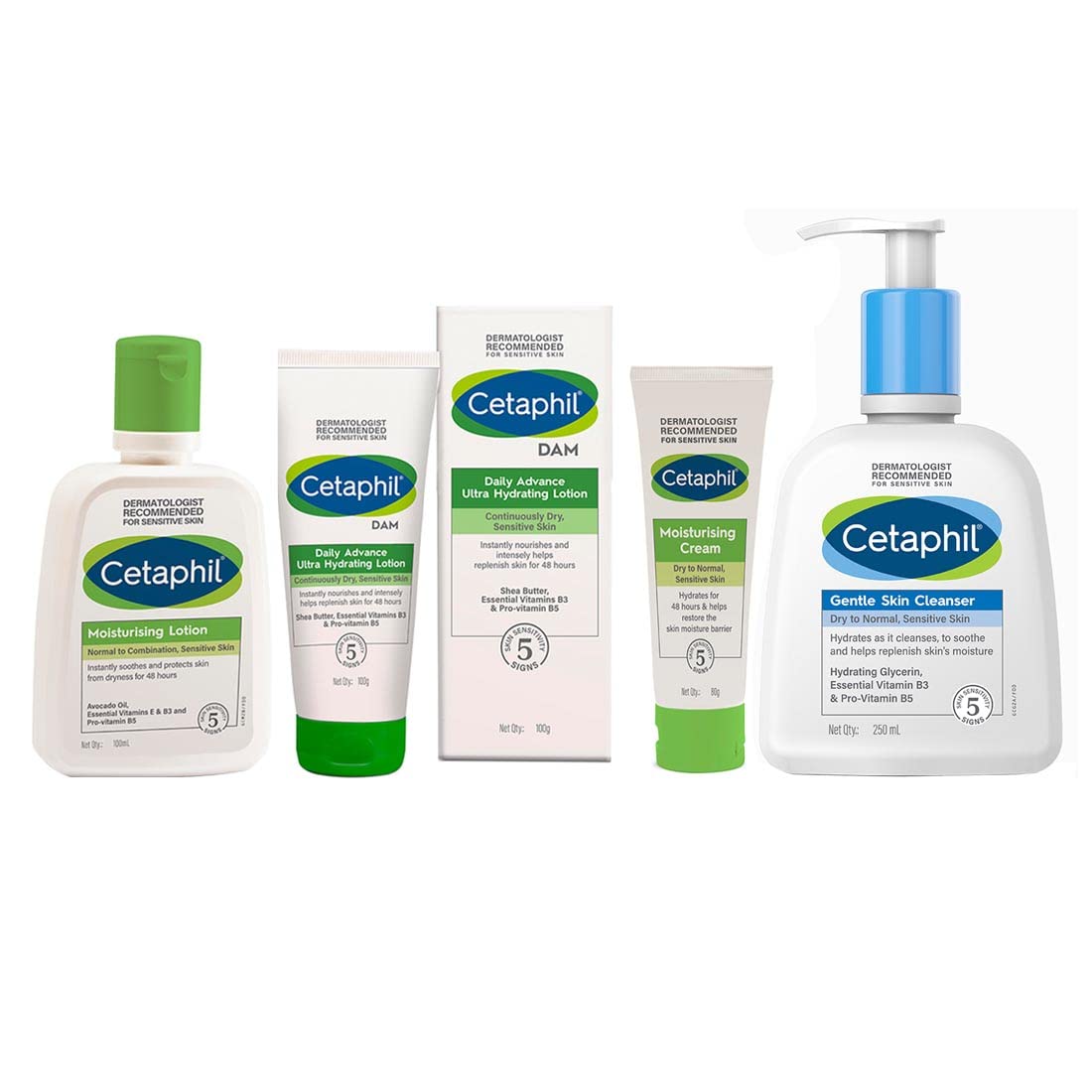 CetaphilMoisturising Lotion 100ml, DAM 100g, Moisturising Cream 80g and Gentle Skin Cleanser 250 ml Combo