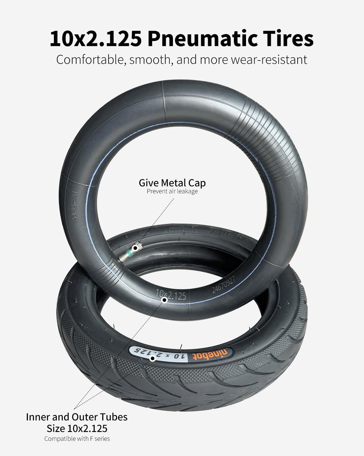 10x2.125 Outer Tire Inner Tube Compatible with Ninebot by Segway Kickscooter F25/F30/F40/F65/D18W/D28U10 Inch Non-Slip Tyre Original Inflatable Inner and Outer Tires(10x2.125 Outer Tire + Inner Tube)