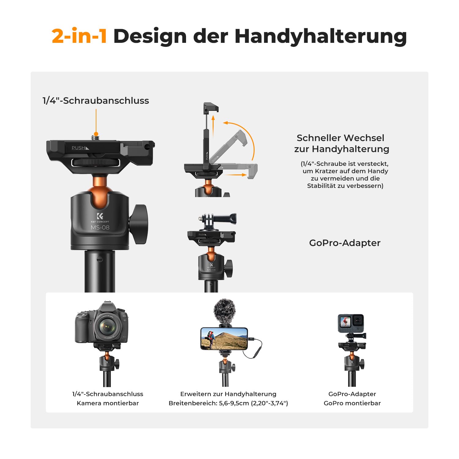 Selfie Stick,K&F CONCEPT MS08 Selfie Stick,158CM Handy Stativ,Stativ für Smartphone Kompatibel mit iPhone/Samsung/DJI Pocket 4/3/Osmo 360/Insta 360 X5/X4/X3 (Schwarz)