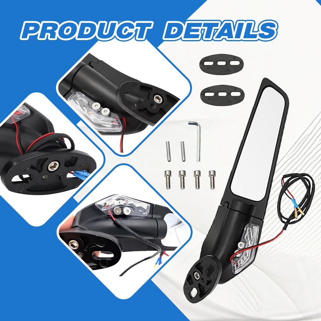 Racing Motorcycle Rear View Mirrors Stealth Mirrors with LED Turn Signal Lights for Honda CBR250R CBR300R CBR500R CBR600RR, for Kawasaki Ninja 400 300 650 Suzuki GSXR600 750 Yamaha R3 Ducati