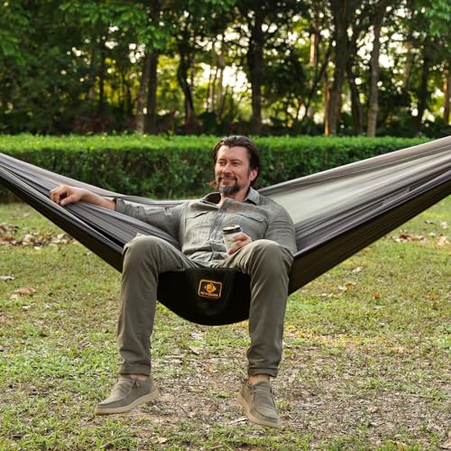 Image of Camping Hammock with Mosquito Net,Lightweight 210T Nylon Hammocks,Portable Hammock with 10ft Tree Straps,Camping Gear Must Haves for Travel Hiking Backpacking Beach Patio-Black&Grey