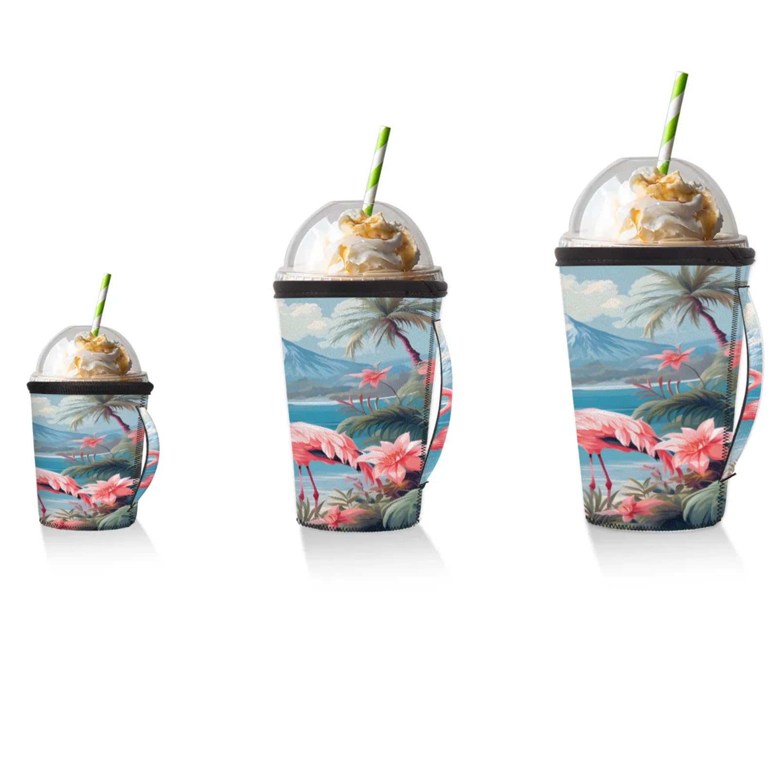 Mountain Flowers Flamingos Reusable Neoprene Coffee Sleeve with Handle Insulated Iced Coffee Cup Holder Reduces Condensation Fits 24-28 oz Cups M
