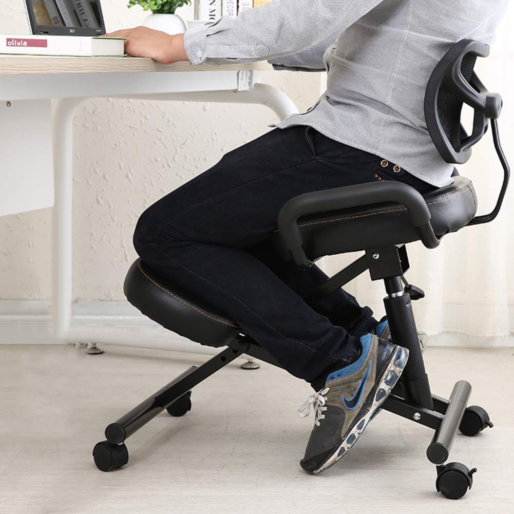 Ergonómico Silla De Rodillas, Gruesas Asiento Almohadilla con Asiento Trasero Ortopédico Manual Ajustar Rolling Ajustable Taburete para Una Mejor Postura.-Black PU Faux Leather