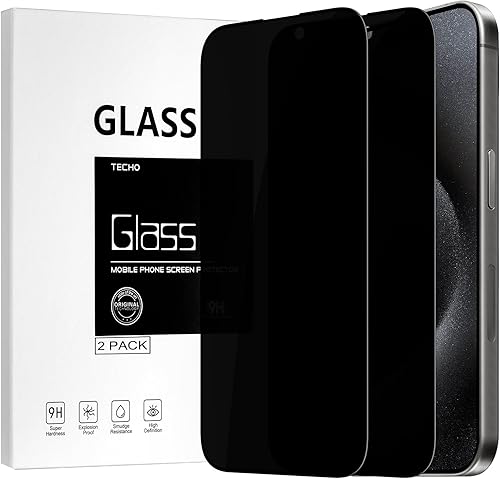 TECHO Protector de pantalla de privacidad para iPhone 15 Pro Max, película de vidrio templado, cobertura completa de borde a borde, anti espía