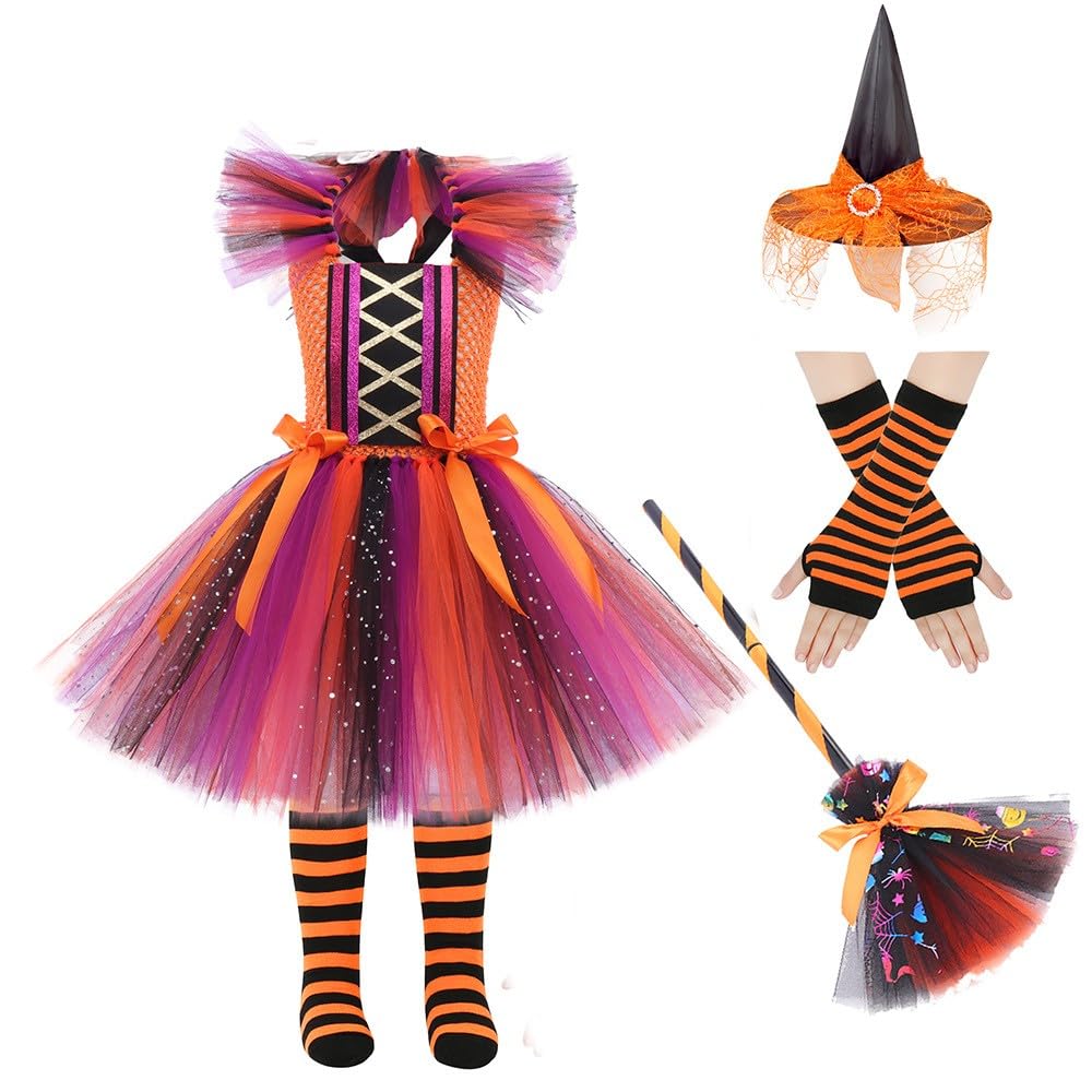 Witch Costume Kids Girls Witch Halloween Costumes with Wizard Hat 4 PCS Set