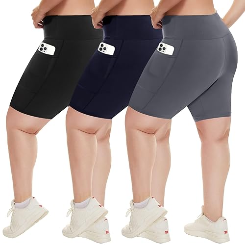 HLTPRO 3 Pack Plus Size Biker Shorts with Pockets for Women (S-4XL)- 8"/5"/3" High Waist Tummy Control Shorts for Yoga - 8 inch(2 Pockets) - 3X-Large - Black/ Dark Grey/ Navy Blue