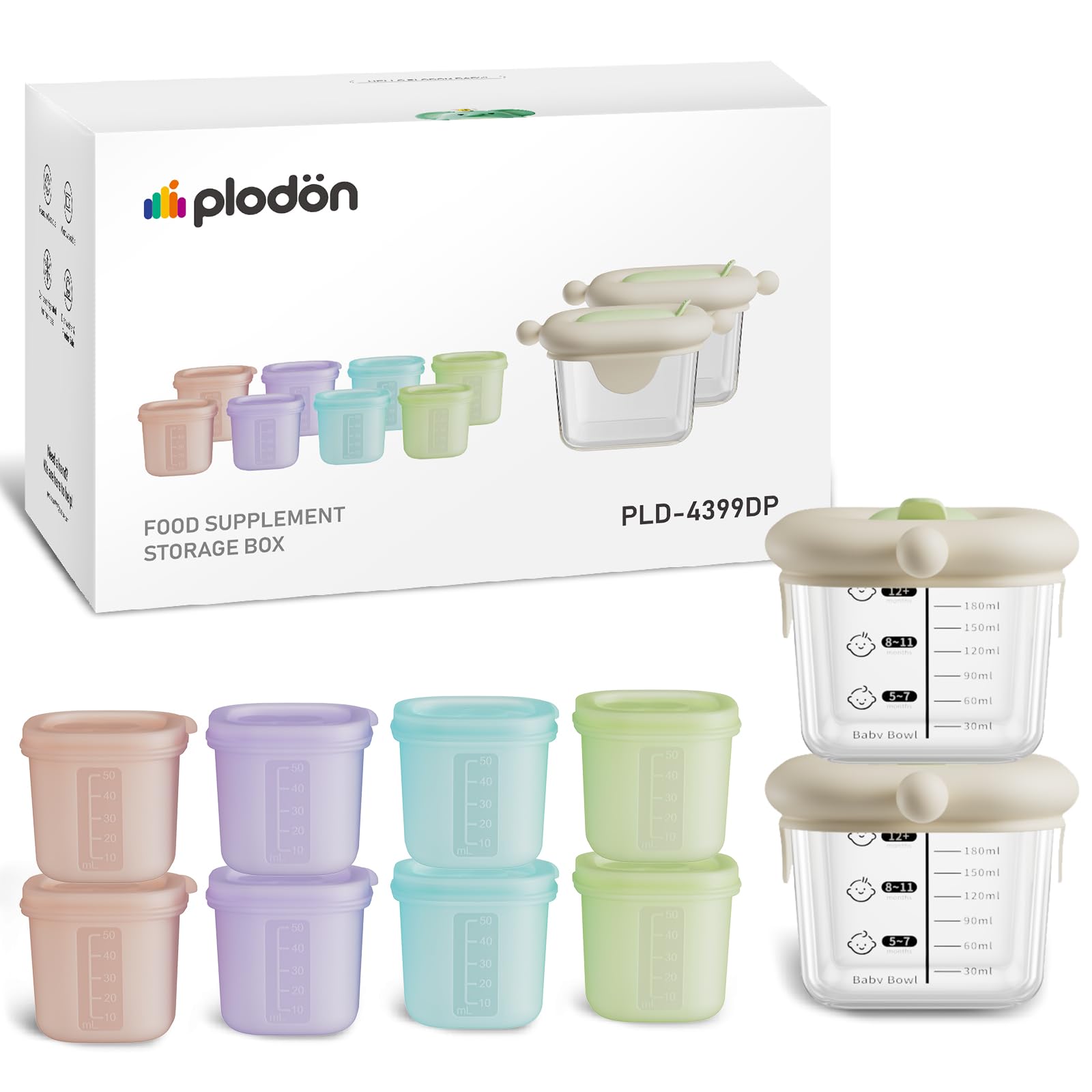 Plodon 7oz Borosilicate Glass Baby Food Storage Jars with Silicone Lid Set (2 PCS), 1.7oz Airtight Silicone Cups (8 PCS) Baby Food Containers, Microwave Dishwasher Freezer Safe (Infant and Babies)
