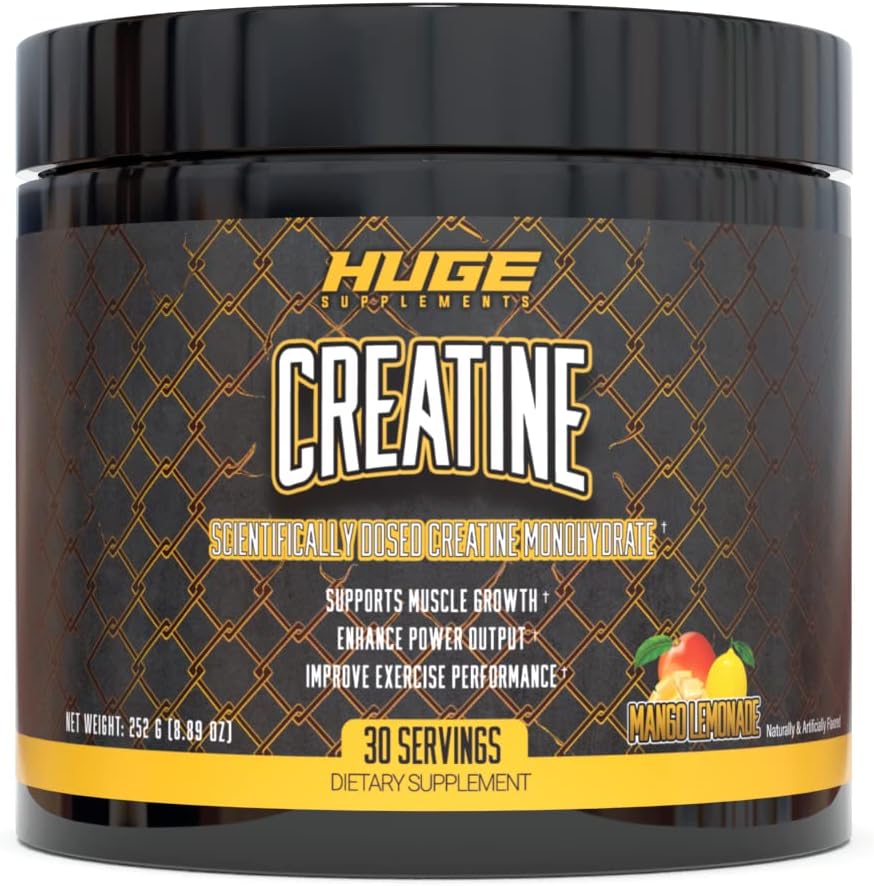 Huge Supplements Creatine Monohydrate Powder, 5000mg of Pure Creatine, Clinically Dosed to Boost Performance, Increase Muscle Strength and Size, 30 Servings (Mango Lemonade)