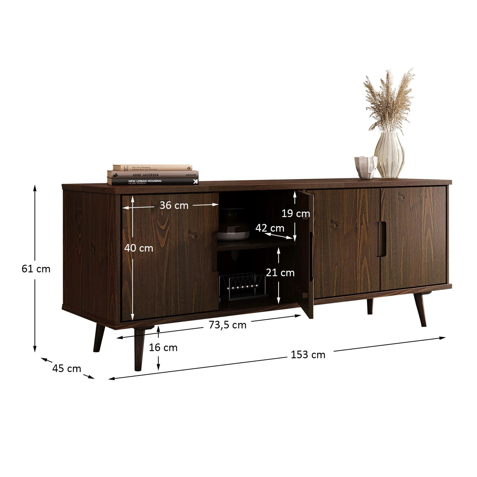 IDIMEX Tivoli Lowboard 150 cm aus Massivholz, Nussbaum Finish - TV Lowboard mit verstellbaren Einlegeböden, Wohnzimmermöbel, Wohnzimmer Sideboard, TV Schrank, robust und alltagstauglich