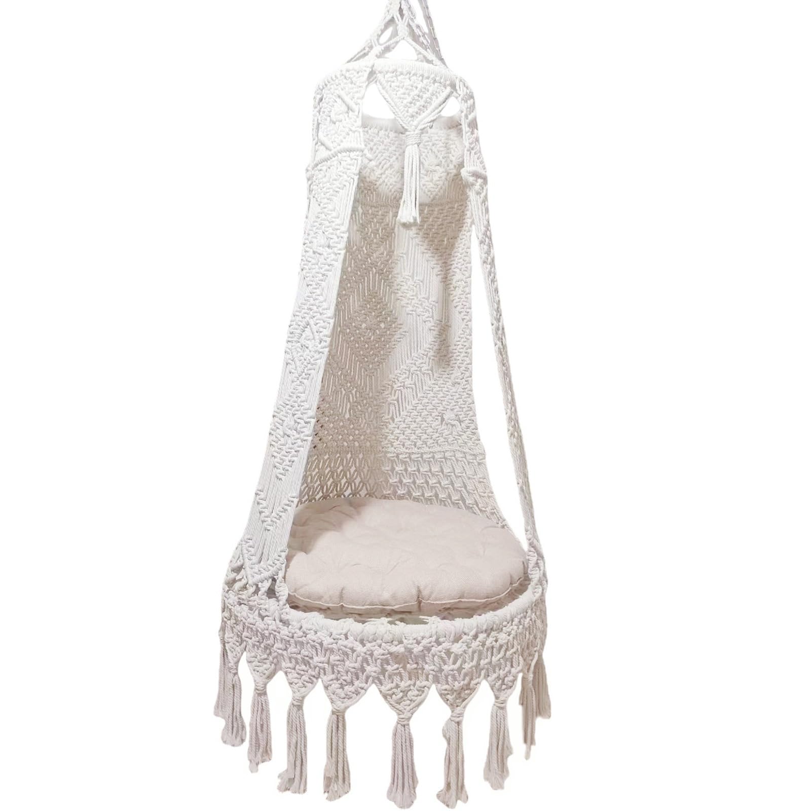 Poltrona Sospesa da Giardino Bianca Sedia Sospesa con Cuscino Rotondo, Sedia Amaca Altalena di Cotone Intrecciate per Interni Giardino e Terrazzo(100cm(39.37in))