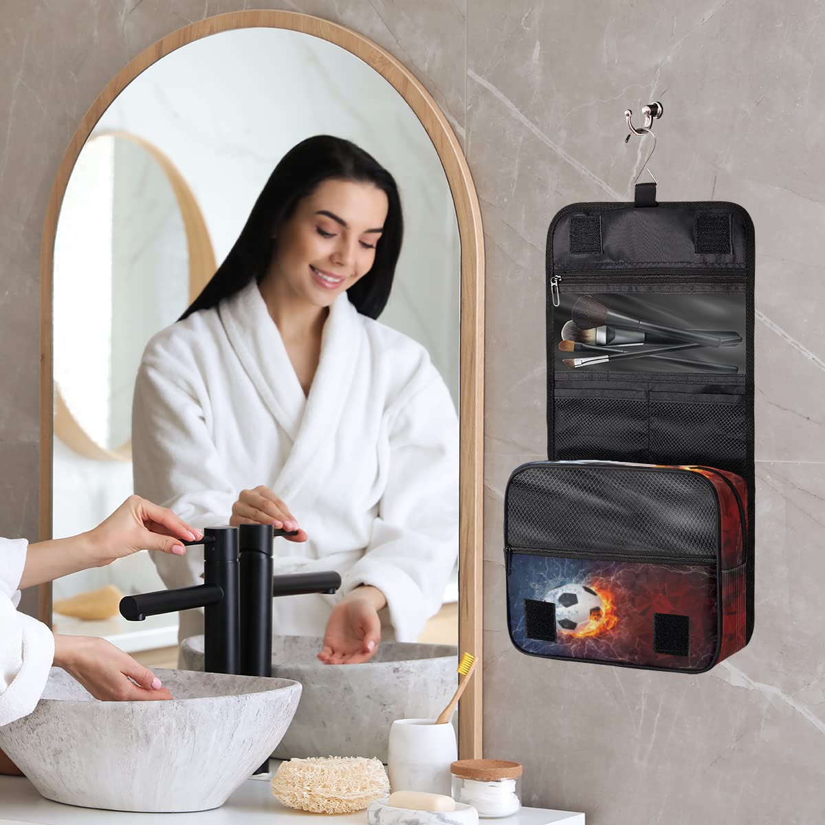 Piłka nożna Podróżna kosmetyczka Piłka nożna Ogień i Woda Mycie Torba Unisex Wiszące przybory toaletowe Kosmetyczka Organizer do makijażu, wielobarwny, Jeden rozmiar