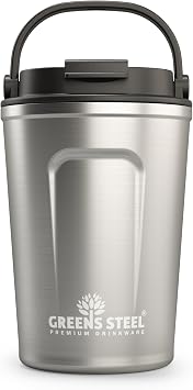 Greens Steel Reusable Coffee Cup - 350 ml 12 oz Silver | Travel Mug with Lid & Handle | Stainless Steel Insulated Flask for Hot & Cold Drinks | Leak Proof Tumbler for Tea, Coffee, Iced Drinks
