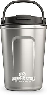 Greens Steel 12 oz Stainless Steel Insulated Coffee Mug, Silver - Leak-Proof Travel Thermos - Reusable Coffee Cup for Hot & Cold Drinks