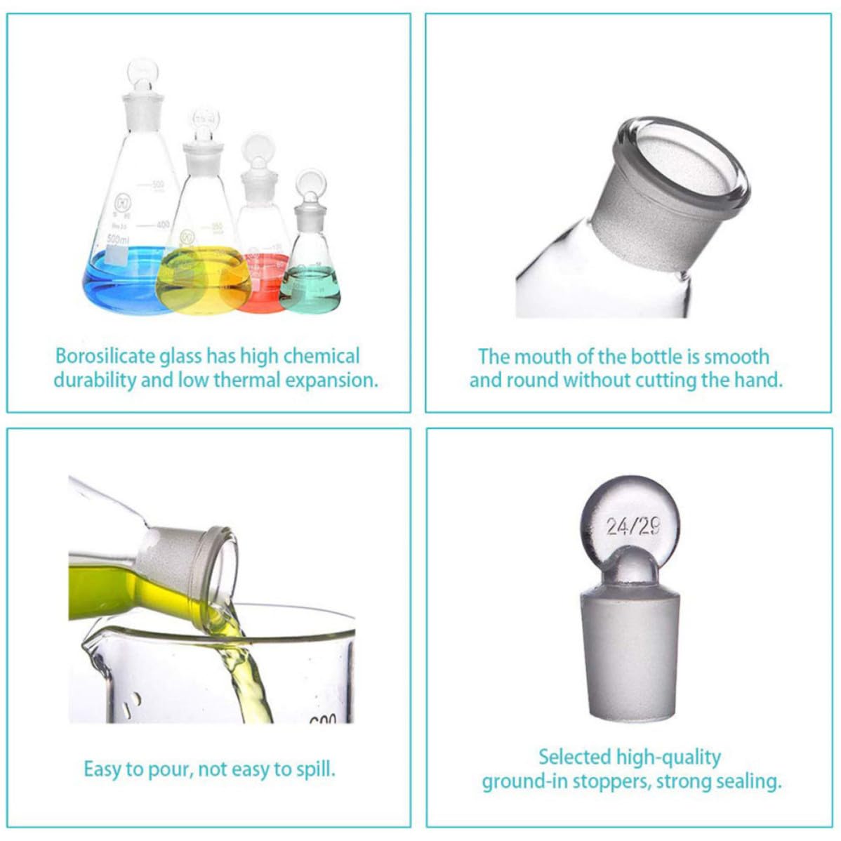 Set di 3 Matracci Conici da 250ml in Vetro con Tappo, Scala Graduata Chiara e Design Liscio e Arrotondato, per Esperimenti Scolastici e Laboratori