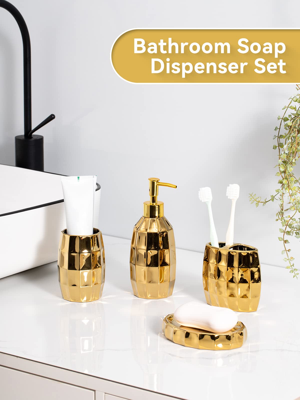 Juego de Accesorios de baño, Juego de Accesorios de baño de cerámica con Mosaico Dorado Que Incluye dispensador de loción, Vaso para Cepillo de Dientes y jabonera