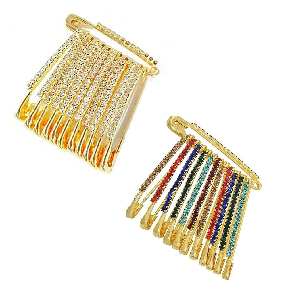 Satre Online And Marketing Golden, Multicolor Golden And Multicolor Diamonds Design Stones Safety Pin Saree Pin Set - 24 Pcs