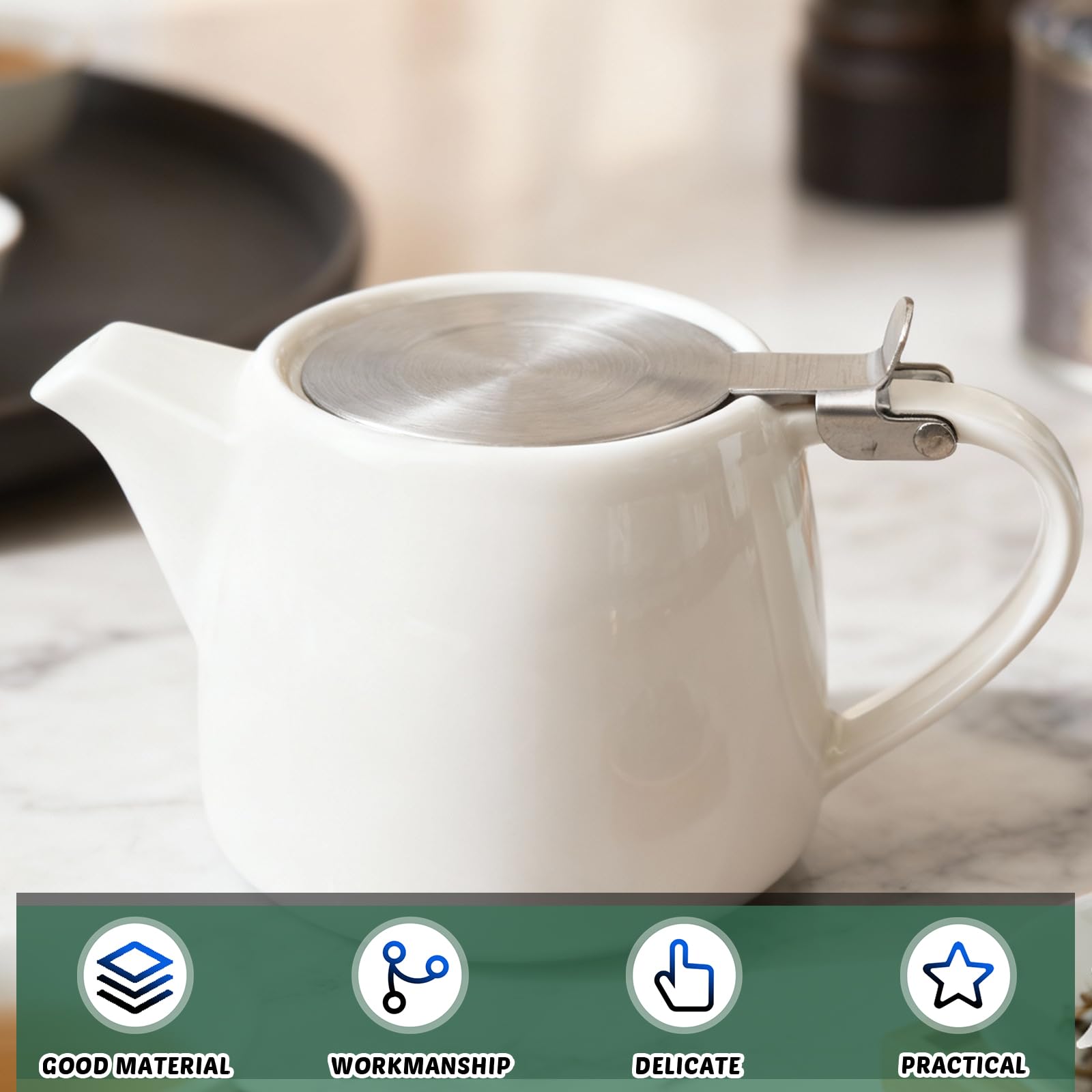Teiera in porcellana: Teiera bianca in ceramica con filtro, 500ml Teiera in ceramica con coperchio a innesto in acciaio inox, bollitore per tè e caffè, stoviglie in porcellana, preparatore per