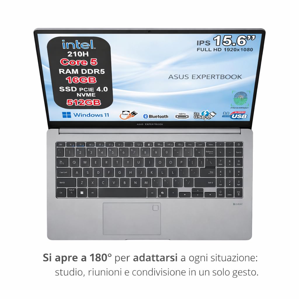 ASUS ExpertBook P1 Notebook, Intel Core 5 210H, 16GB DDR5, SSD 512GB NVMe PCIe 4.0, Display 15,6" FHD Antiriflesso, USB-C Gen2, LAN RJ45, Wi-Fi 6, Bluetooth 5.4, Windows 11 Pro, 24 Mesi Garanzia