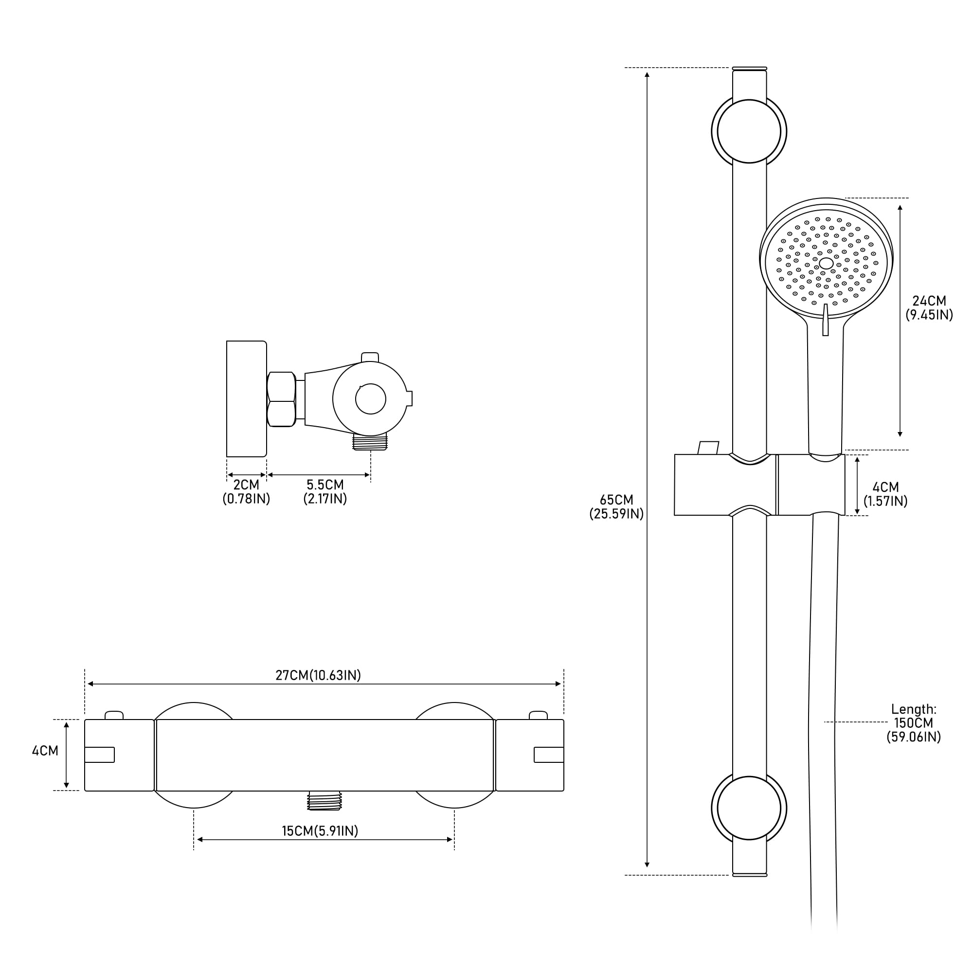 MORADO Czarny mieszacz prysznicowy z 70 cm regulowanym zestawem szyn podnoszących, termostatyczny drążek prysznicowy montowany na ścianie z wężem 150 cm i 3-funkcyjną głowicą prysznicową, chrom